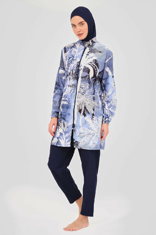 🩶💙 بوركيني تركي 5 قطع – نقش هادئ ستايل راقي