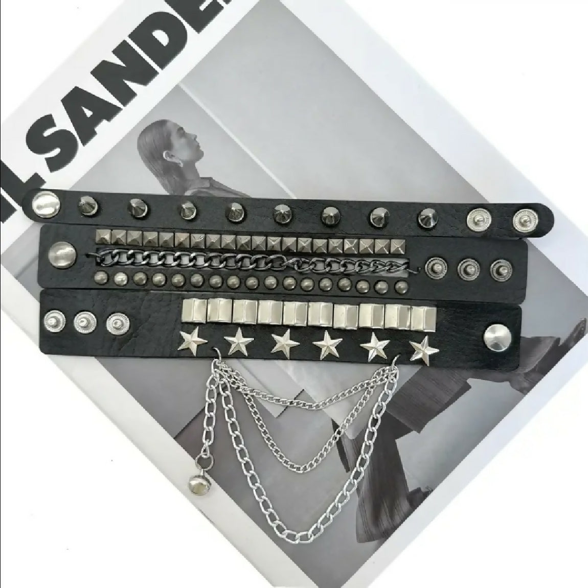 VEMO|3pcs Punk Rock Gothic Spike & Chain Bracelet Set