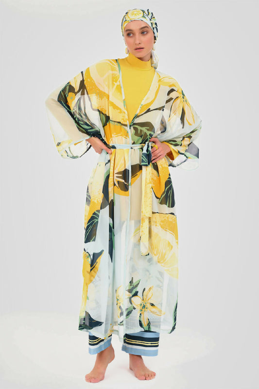 💛 بوركيني تركي 6 قطع – أصفر بنقش صيفي منعش