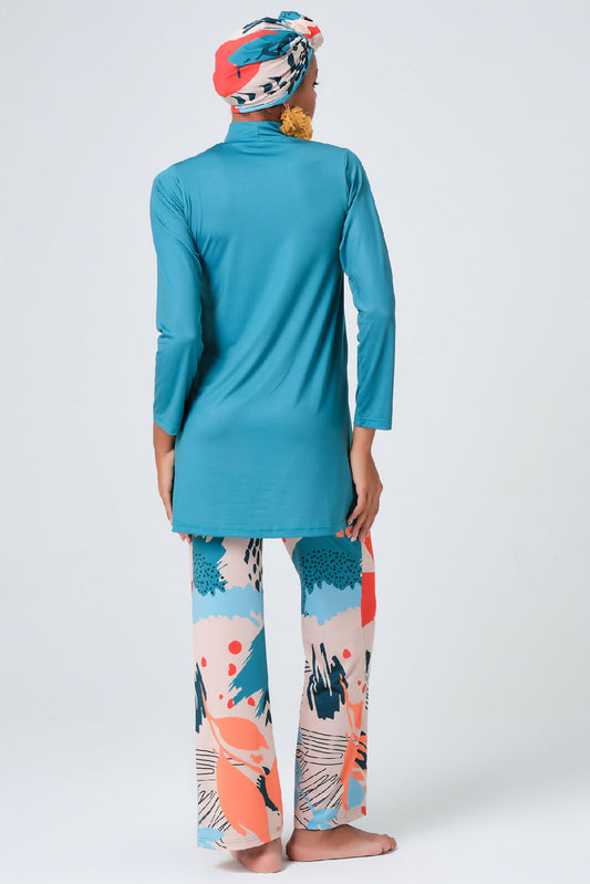 🩵 بوركيني تركي 5 قطع – تركواز بنقش عصري