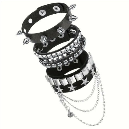 VEMO|3pcs Punk Rock Gothic Spike & Chain Bracelet Set