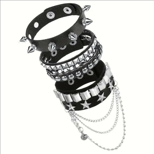 VEMO|3pcs Punk Rock Gothic Spike & Chain Bracelet Set