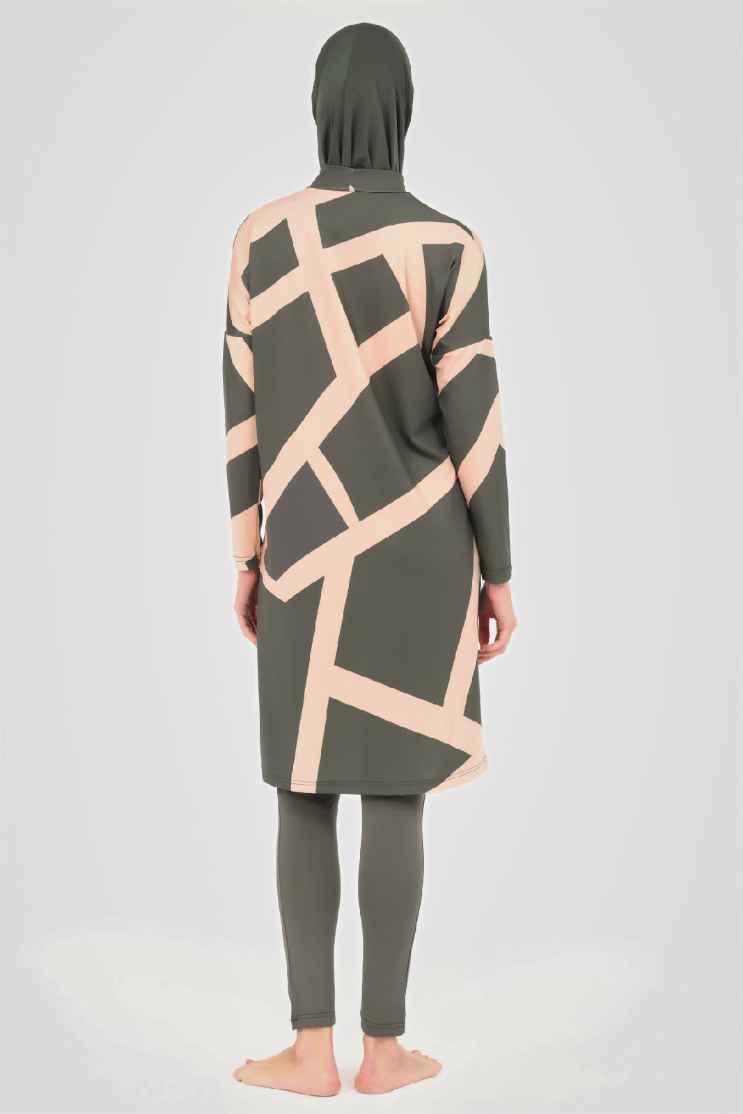 🤎 بوركيني تركي 5 قطع – زيتي بنقش عصري هادئ