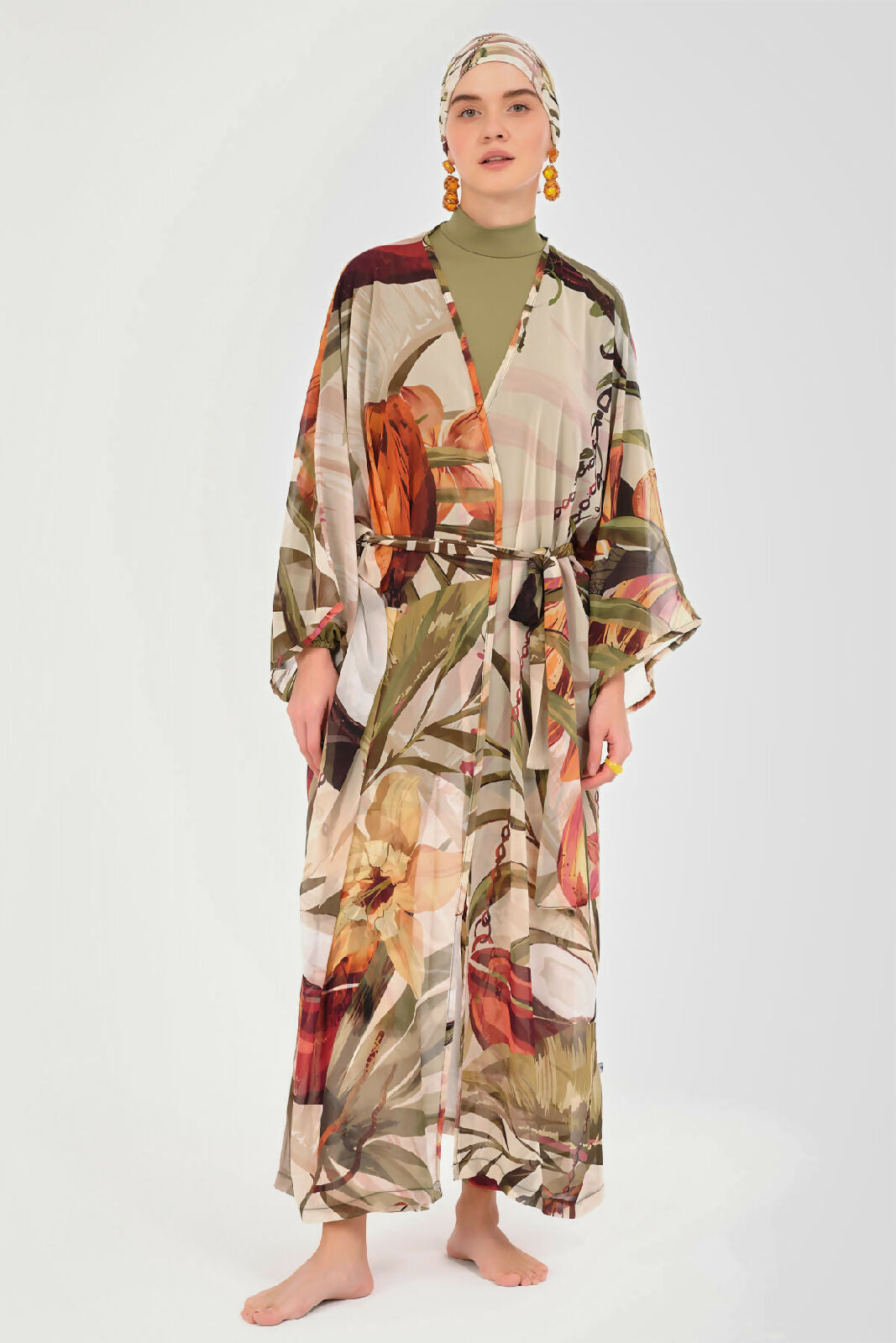 💚 بوركيني تركي 6 قطع – زيتي بنقش راقي