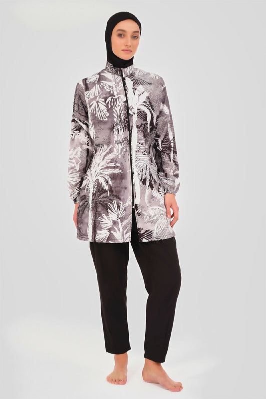 🩶💙 بوركيني تركي 5 قطع – نقش هادئ ستايل راقي