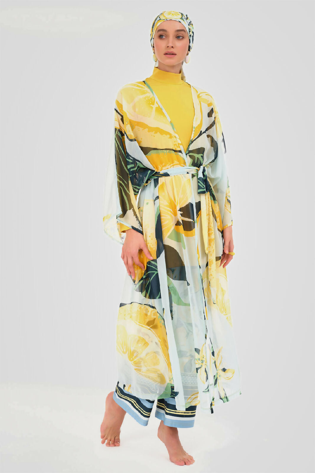 💛 بوركيني تركي 6 قطع – أصفر بنقش صيفي منعش