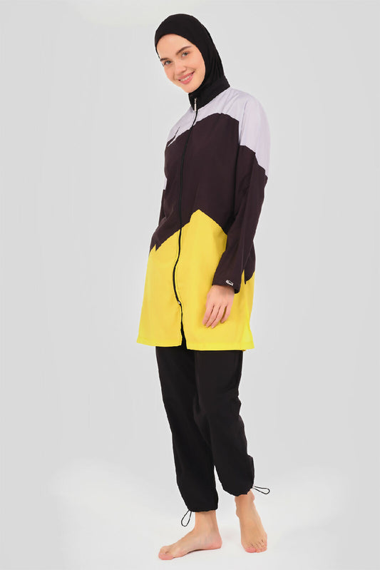 🖤💛 بوركيني تركي 5 قطع – أسود مع أصفر ستايل سبور