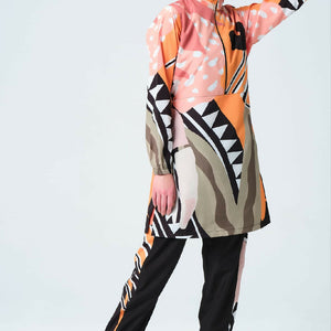 🧡 بوركيني تركي 5 قطع – نقش بألوان دافئة