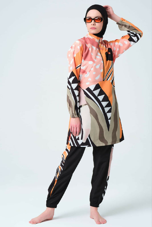 🧡 بوركيني تركي 5 قطع – نقش بألوان دافئة