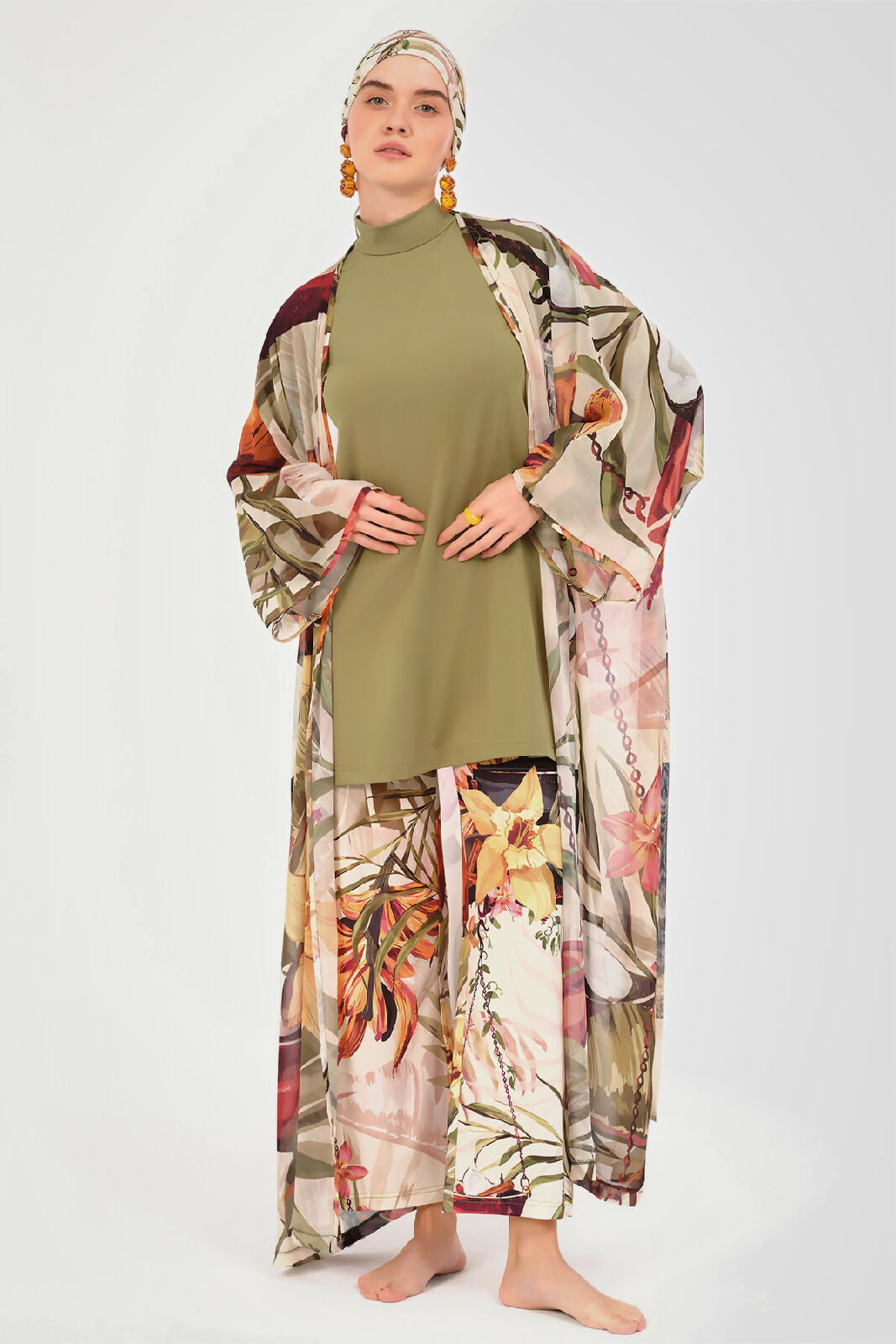 💚 بوركيني تركي 6 قطع – زيتي بنقش راقي