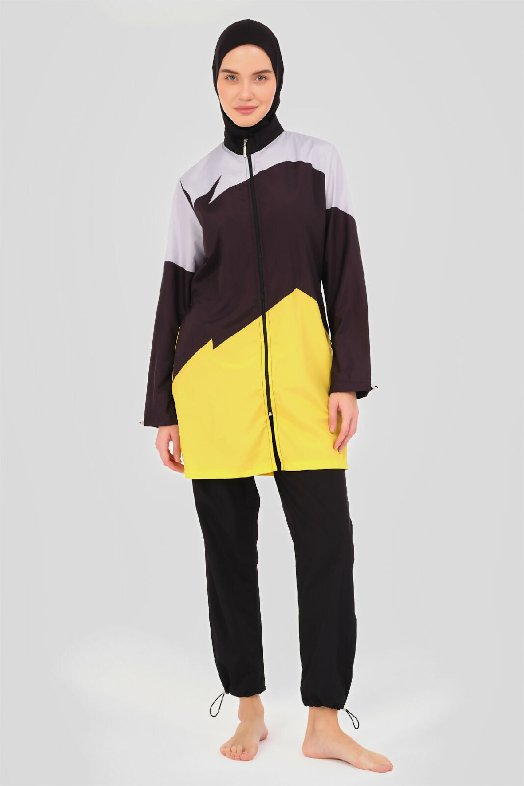 🖤💛 بوركيني تركي 5 قطع – أسود مع أصفر ستايل سبور