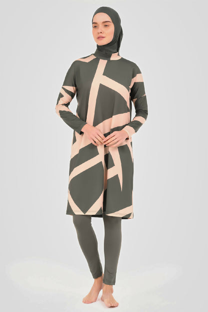 🤎 بوركيني تركي 5 قطع – زيتي بنقش عصري هادئ