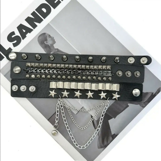 VEMO|3pcs Punk Rock Gothic Spike & Chain Bracelet Set