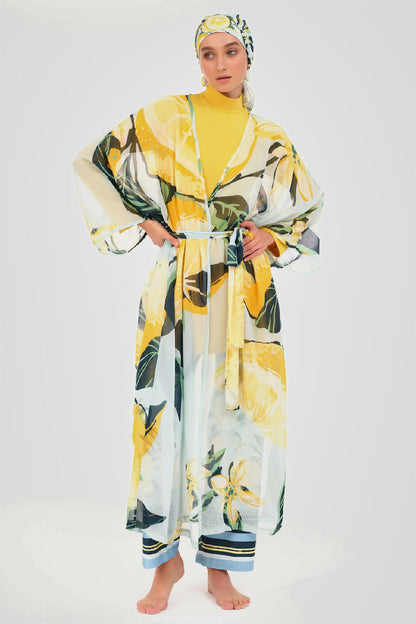 💛 بوركيني تركي 6 قطع – أصفر بنقش صيفي منعش