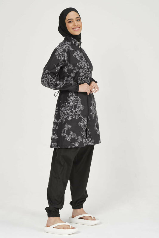 🖤💙 بوركيني تركي 5 قطع – سادة بنقش ناعم راقي