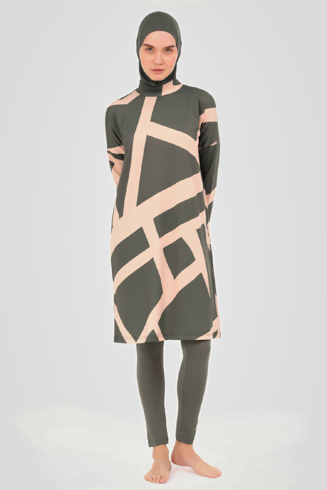 🤎 بوركيني تركي 5 قطع – زيتي بنقش عصري هادئ