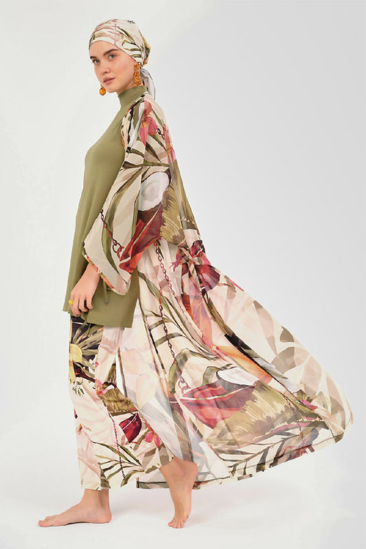 💚 بوركيني تركي 6 قطع – زيتي بنقش راقي