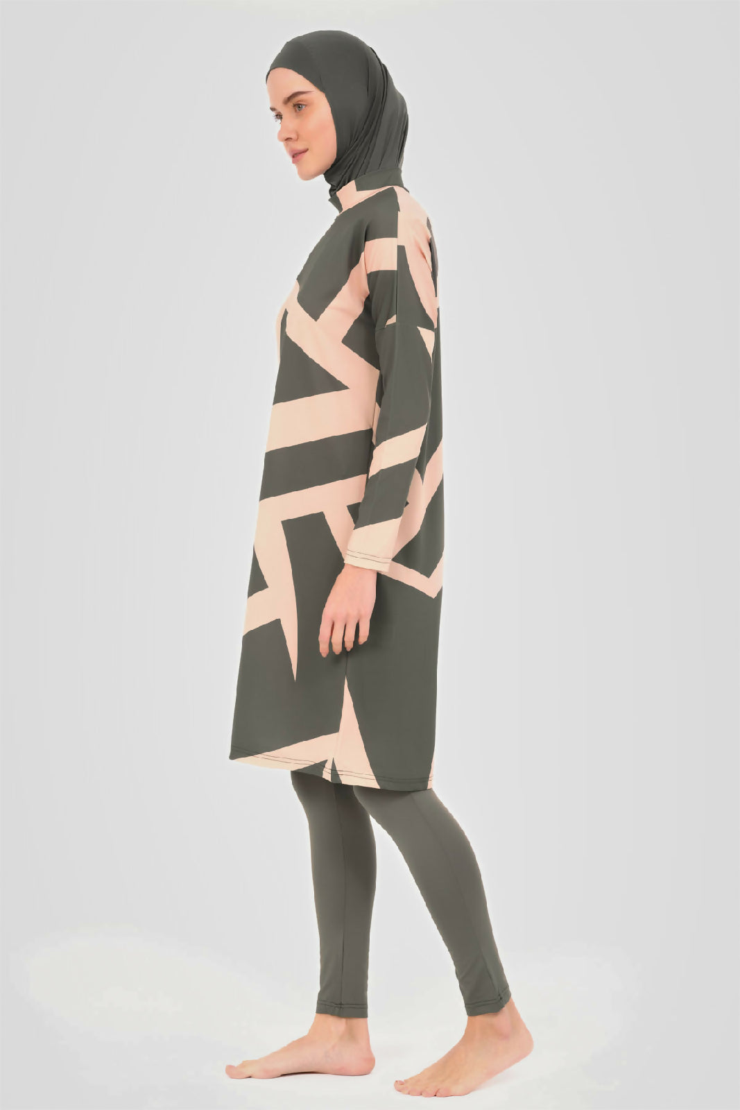 🤎 بوركيني تركي 5 قطع – زيتي بنقش عصري هادئ