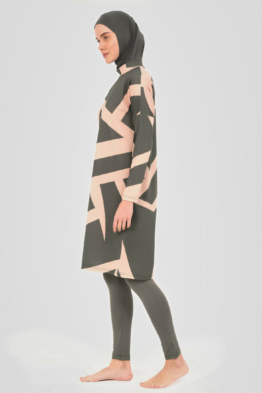 🤎 بوركيني تركي 5 قطع – زيتي بنقش عصري هادئ