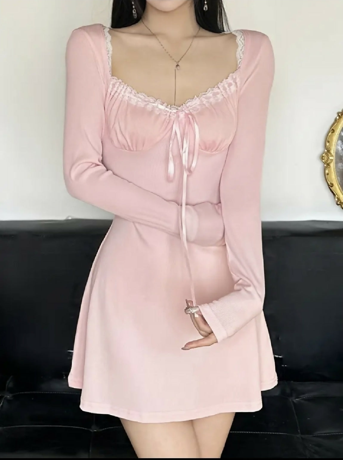 VEMO|French-Style Contrast Lace Dress