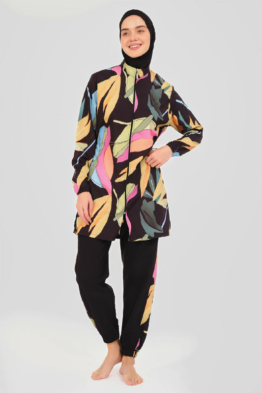 🌿 بوركيني تركي 5 قطع – أسود بنقش أوراق ملون