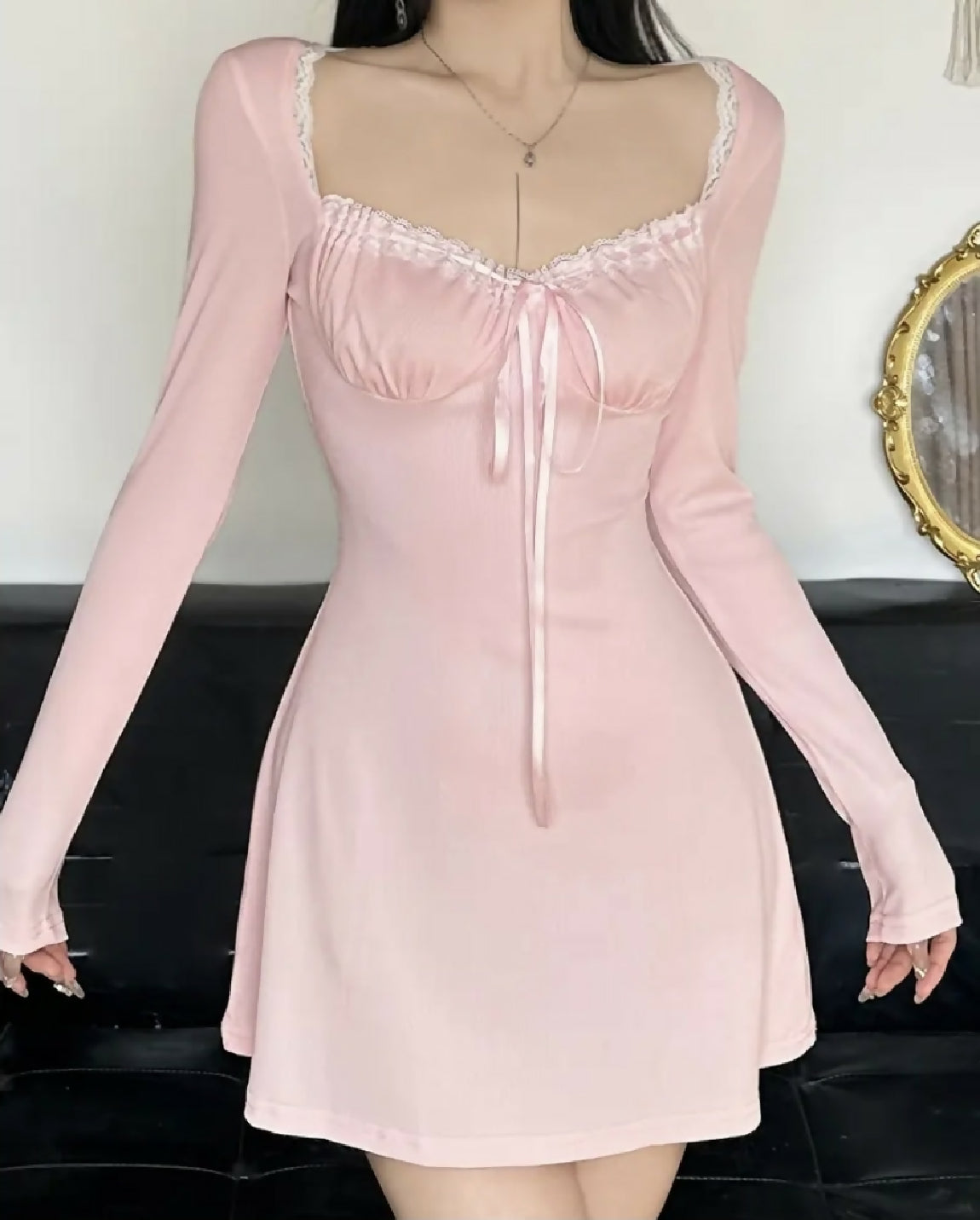 VEMO|French-Style Contrast Lace Dress